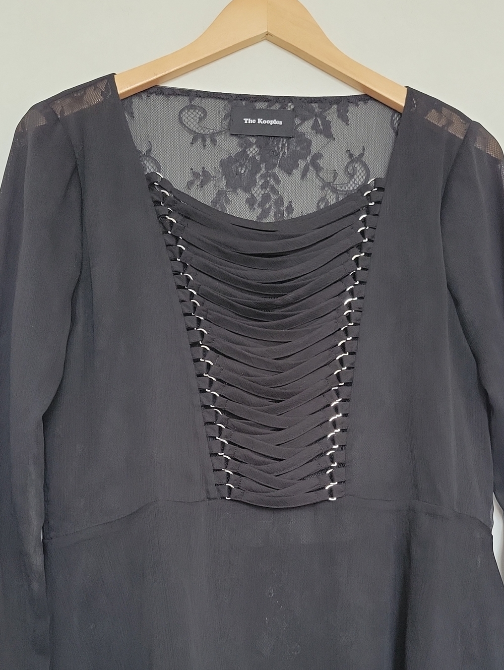 The Kooples Black Lace Sheer Long-Sleeve Peplum Blouse - Picture 6 of 15